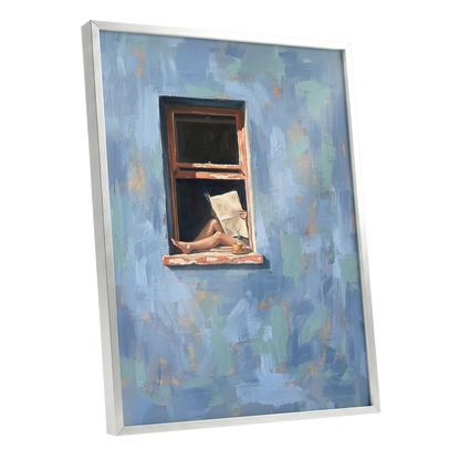 Window Seat Reverie, blue, green, brown abstract wall art shown as a silver framed poster wall art print