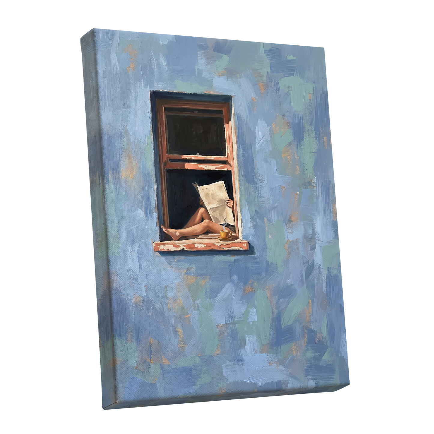 Window Seat Reverie, blue, green, brown abstract wall art shown as a stretched canvas wall art