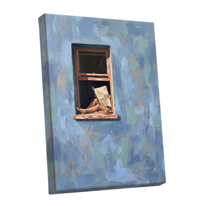 Window Seat Reverie, blue, green, brown abstract wall art shown as a stretched canvas wall art
