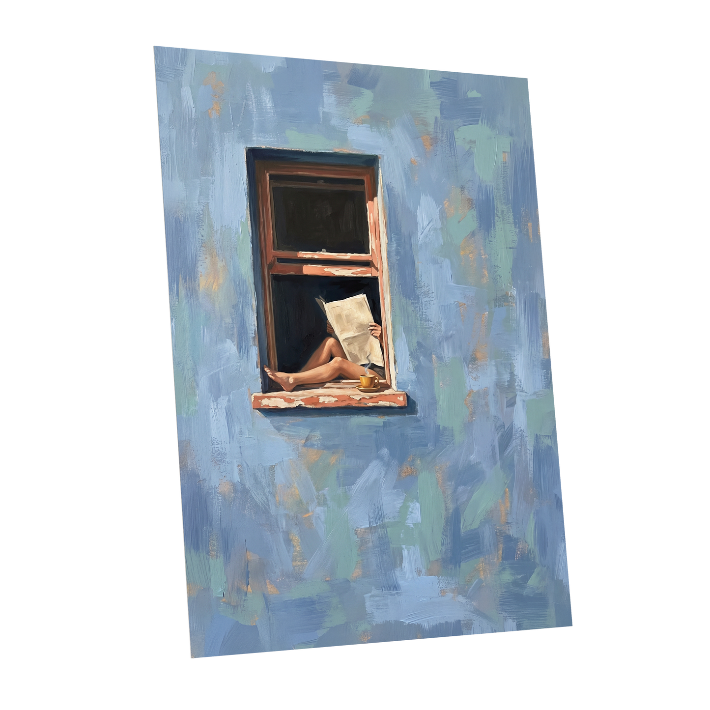 Window Seat Reverie, blue, green, brown abstract wall art shown as a unframed poster wall art print