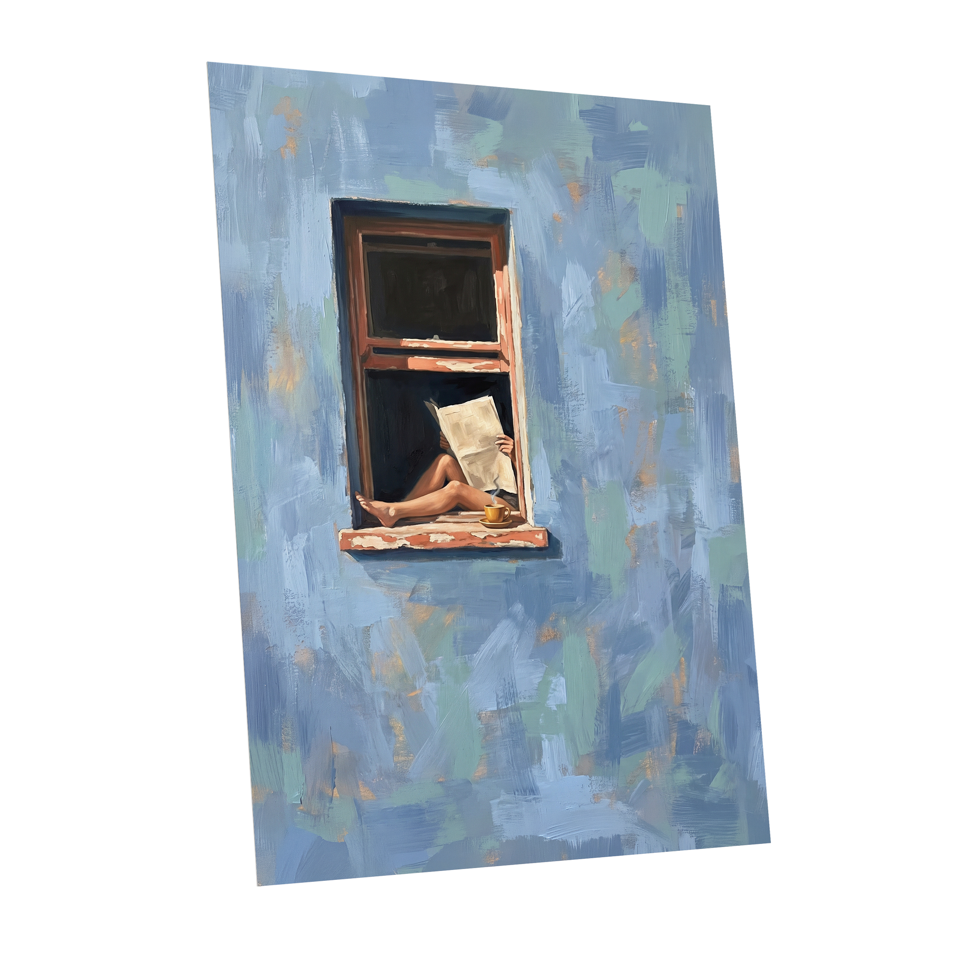 Window Seat Reverie, blue, green, brown abstract wall art shown as a unframed poster wall art print