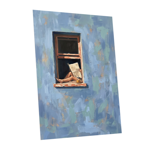 Window Seat Reverie, blue, green, brown abstract wall art shown as a unframed poster wall art print