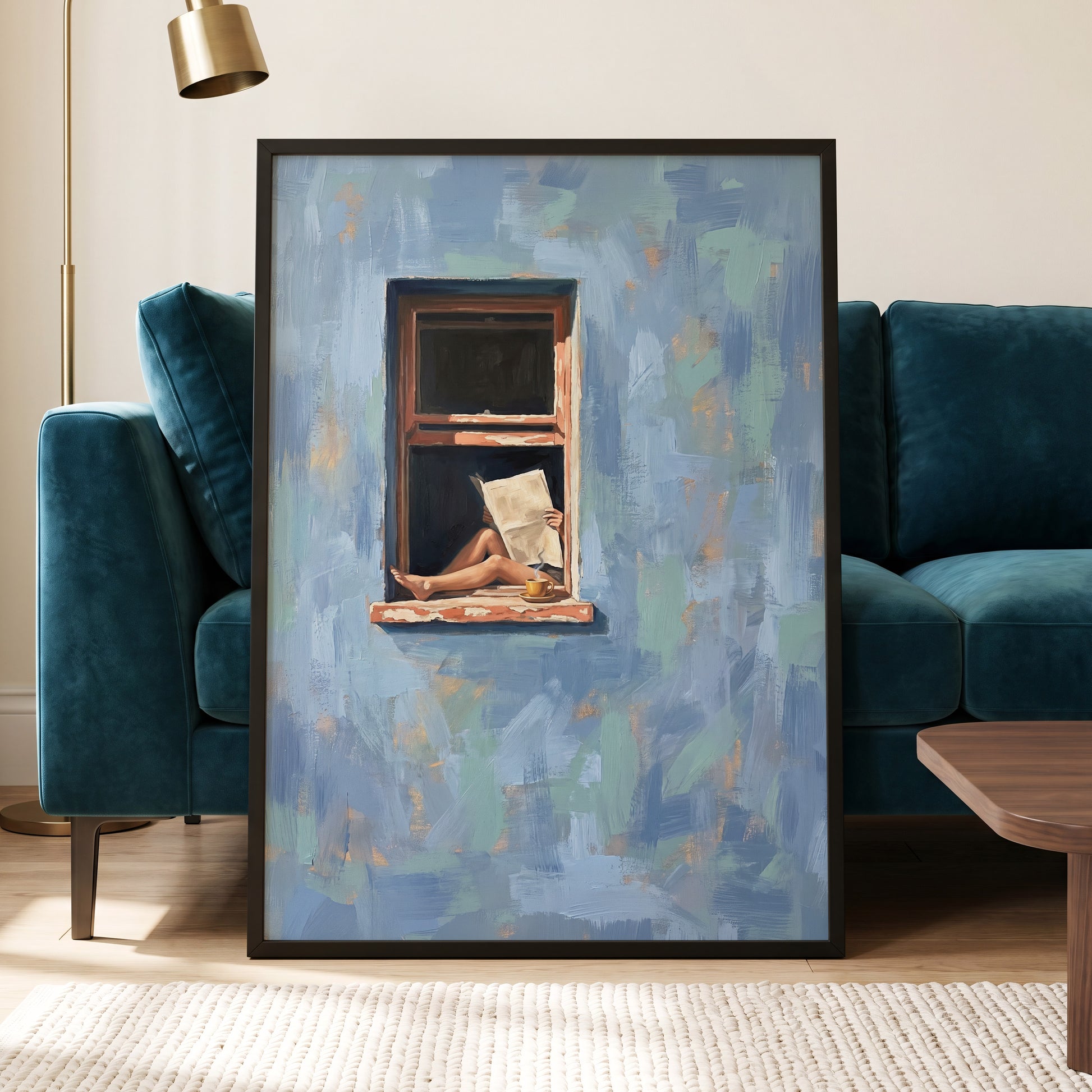 Window Seat Reverie, blue, green, brown abstract wall art displayed in a styled interior, gallery view 2