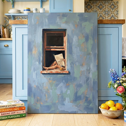 Window Seat Reverie, blue, green, brown abstract wall art displayed in a styled interior, gallery view 3