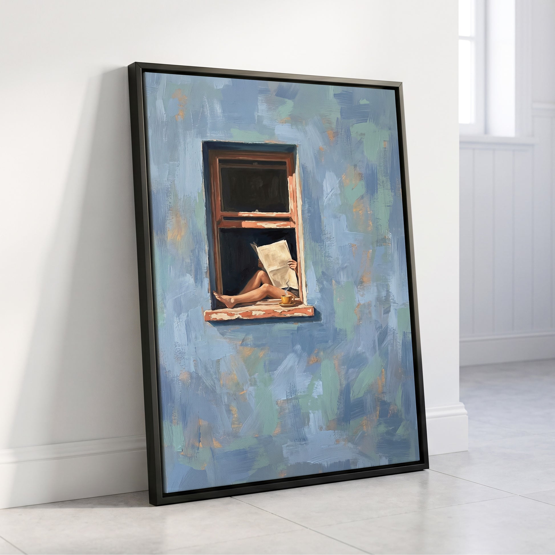 Window Seat Reverie, blue, green, brown abstract wall art displayed in a styled interior, gallery view 4