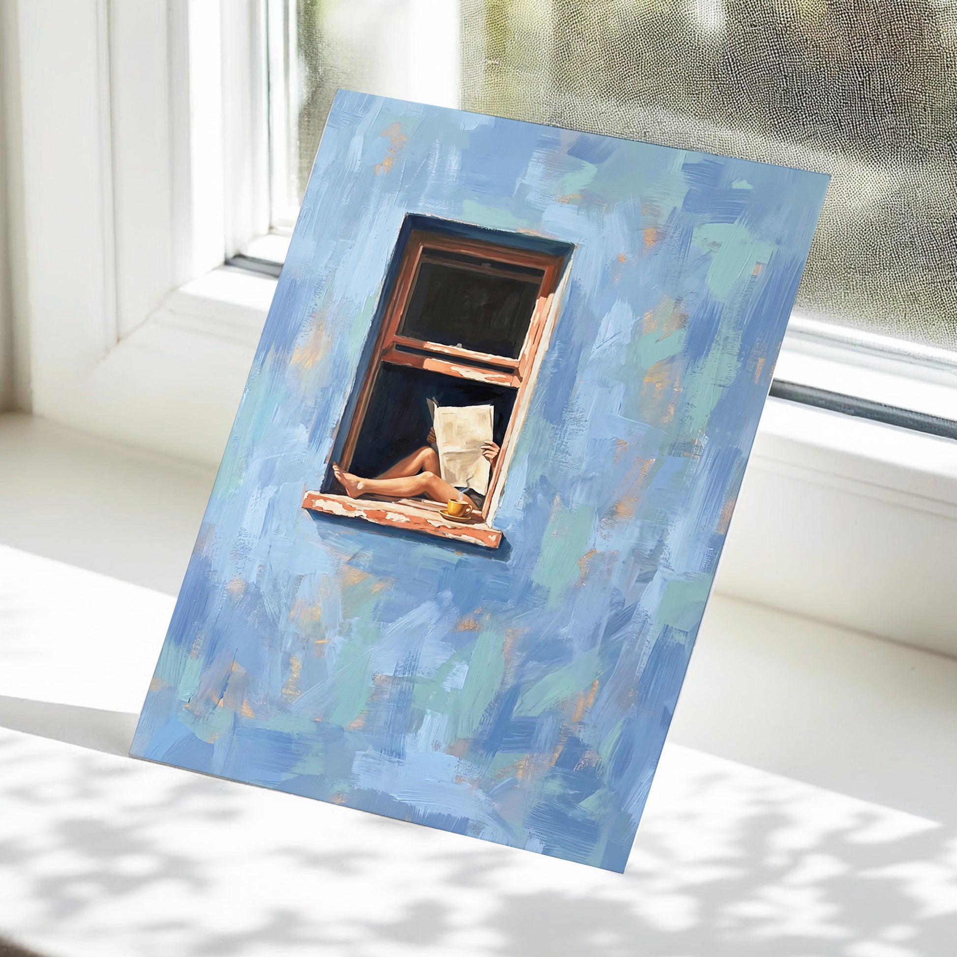 Window Seat Reverie, blue, green, brown abstract wall art displayed in a styled interior, gallery view 5