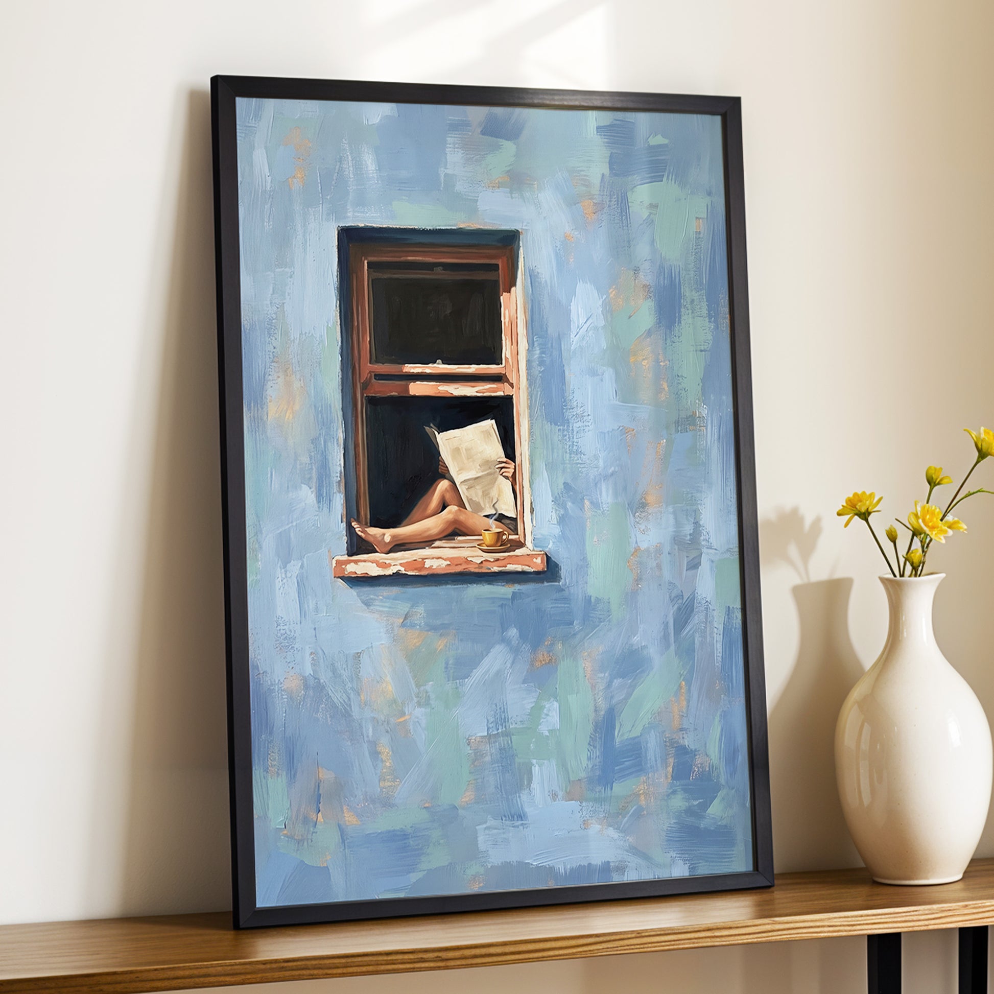 Window Seat Reverie, blue, green, brown abstract wall art displayed in a styled interior, gallery view 6