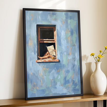 Window Seat Reverie, blue, green, brown abstract wall art displayed in a styled interior, gallery view 6