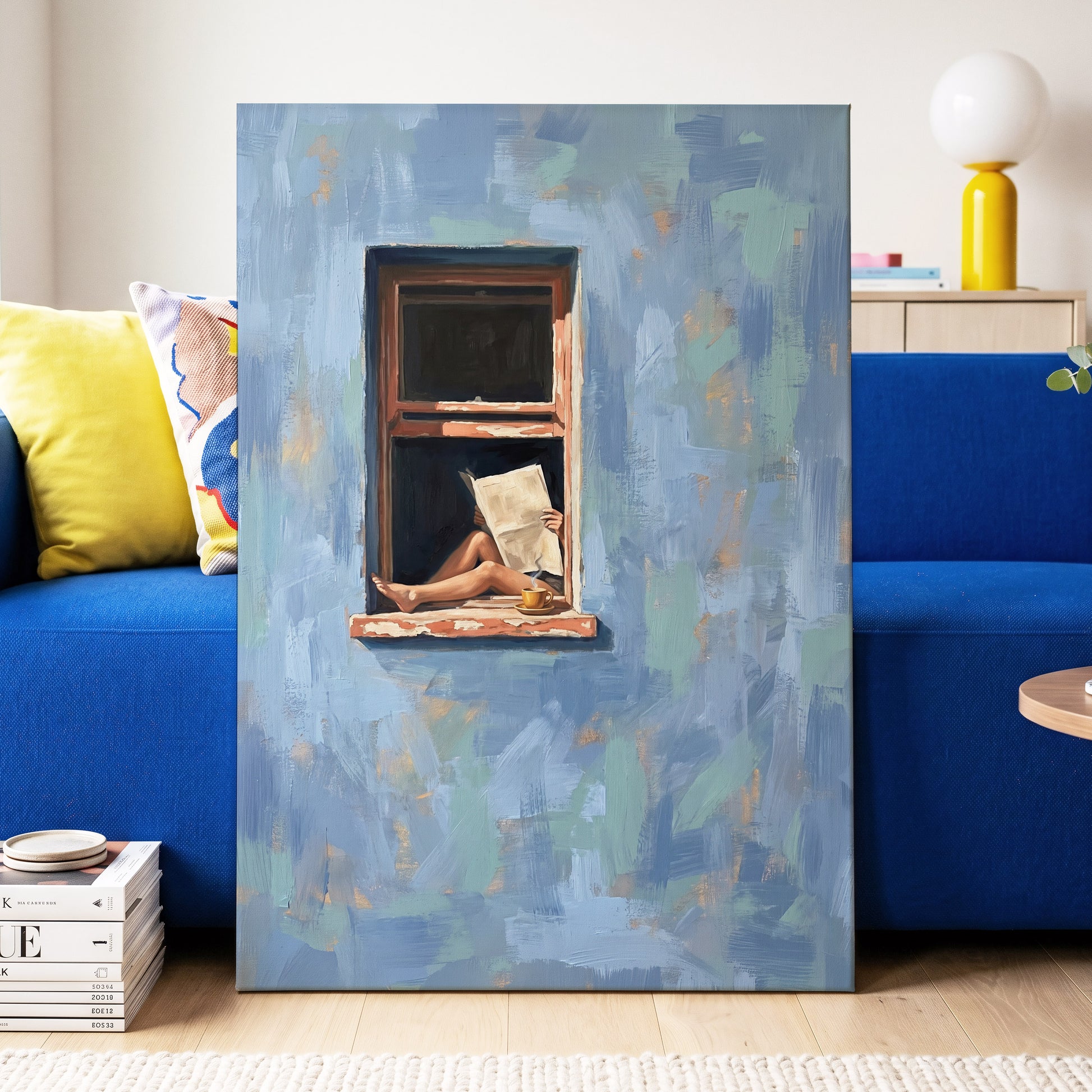 Window Seat Reverie, blue, green, brown abstract wall art displayed in a styled interior, gallery view 7