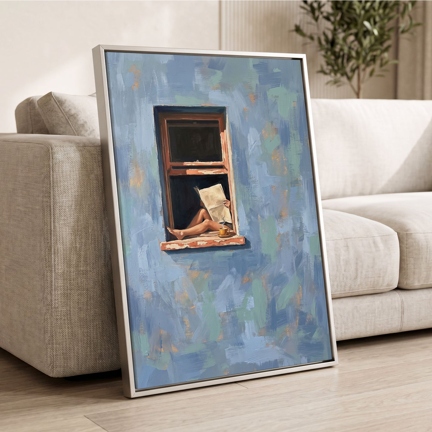 Window Seat Reverie, blue, green, brown abstract wall art displayed in a styled interior, gallery view 8
