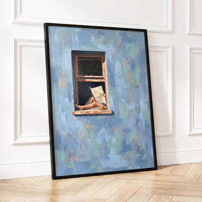 Window Seat Reverie, blue, green, brown abstract wall art displayed in a styled interior, gallery view 9