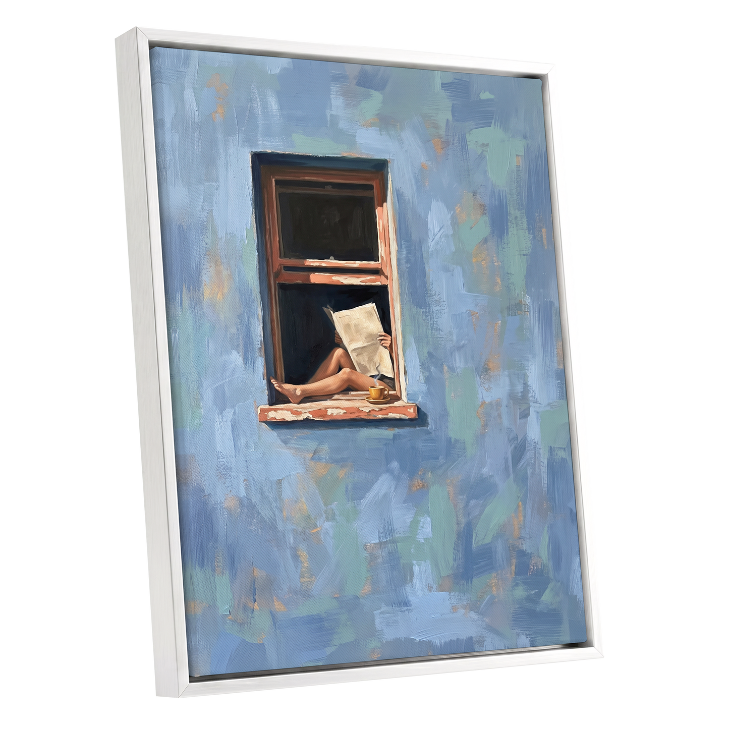 Window Seat Reverie, blue, green, brown abstract wall art shown as a white framed canvas wall art