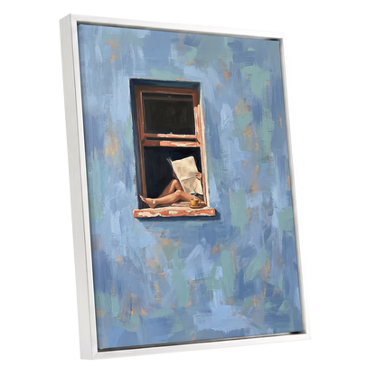 Window Seat Reverie, blue, green, brown abstract wall art shown as a white framed canvas wall art