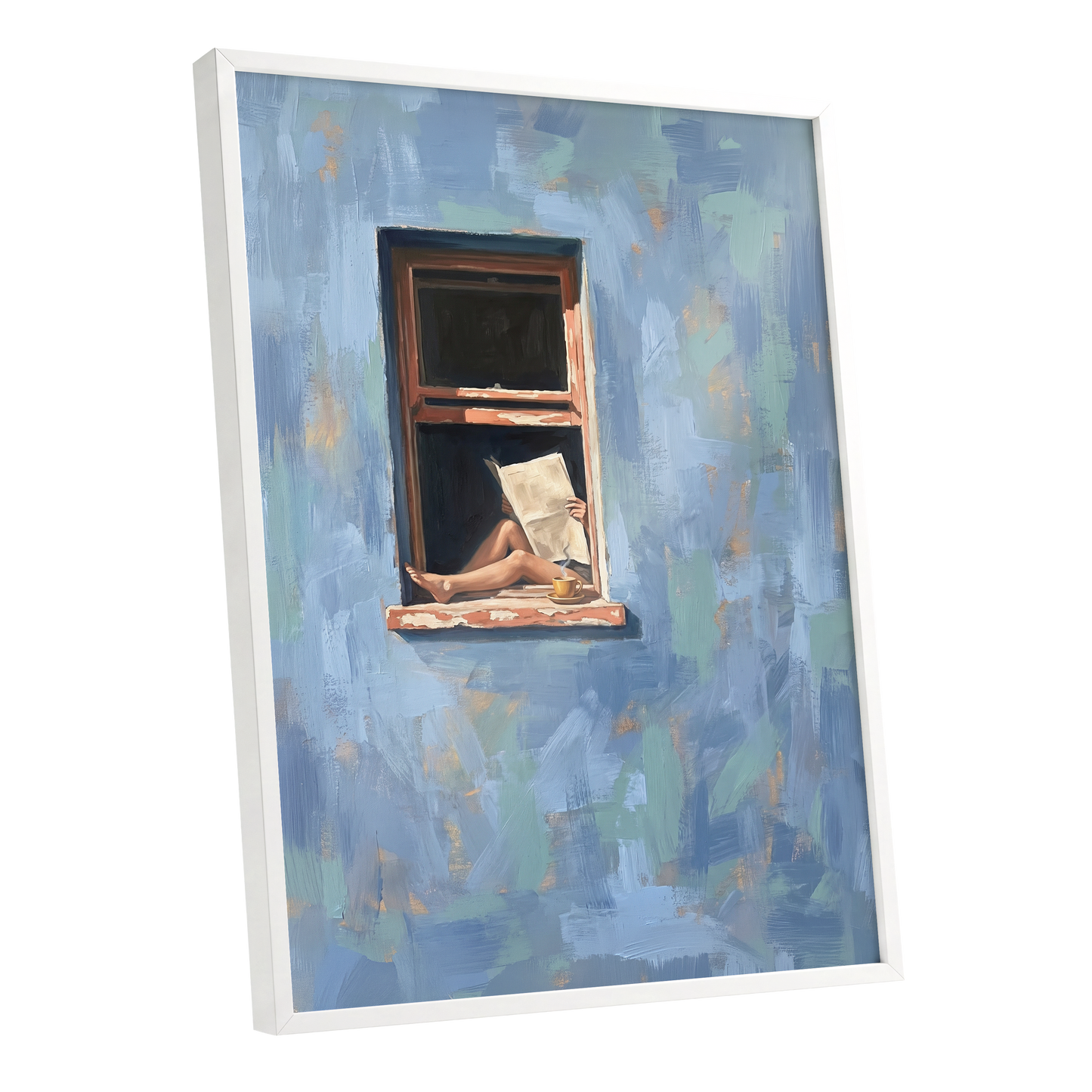 Window Seat Reverie, blue, green, brown abstract wall art shown as a white framed poster wall art print