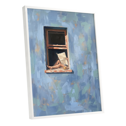 Window Seat Reverie, blue, green, brown abstract wall art shown as a white framed poster wall art print