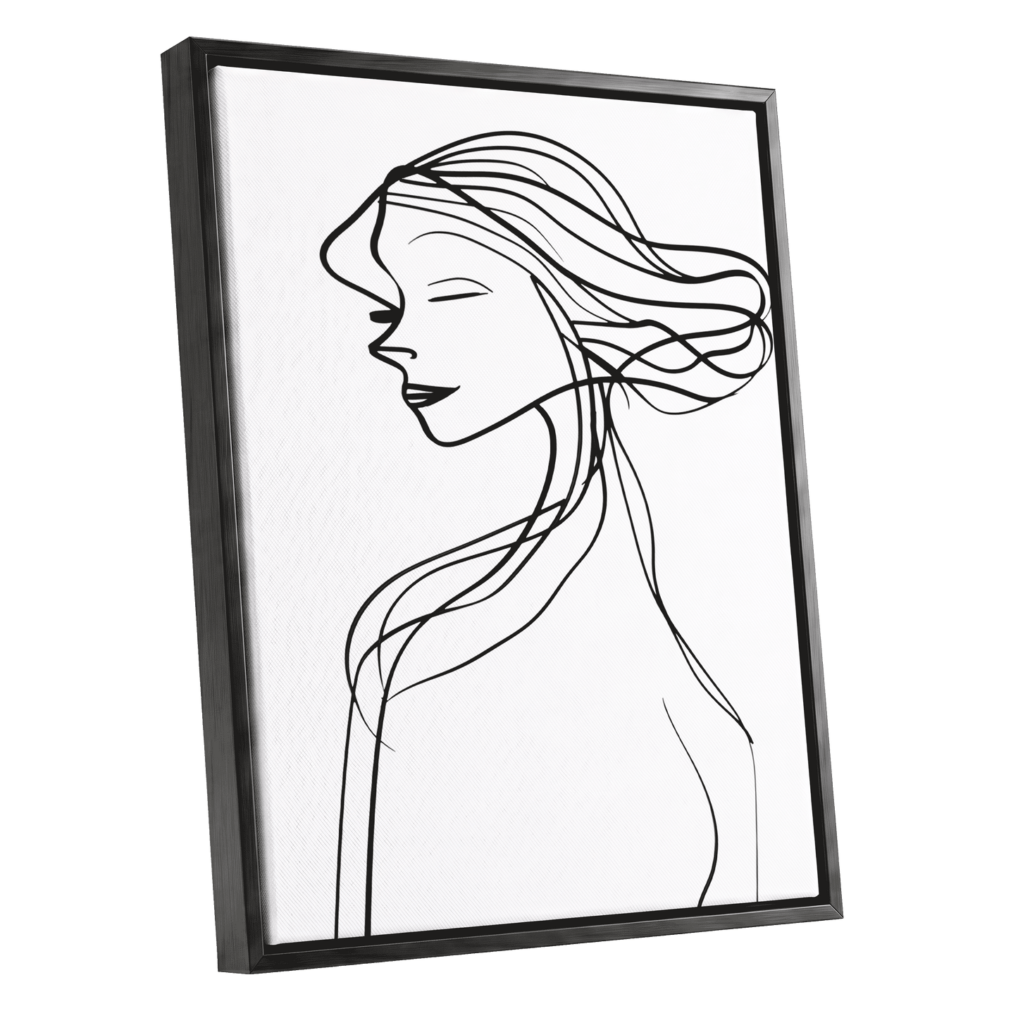 Windswept Profile, black, white minimalist wall art shown as a black framed canvas wall art