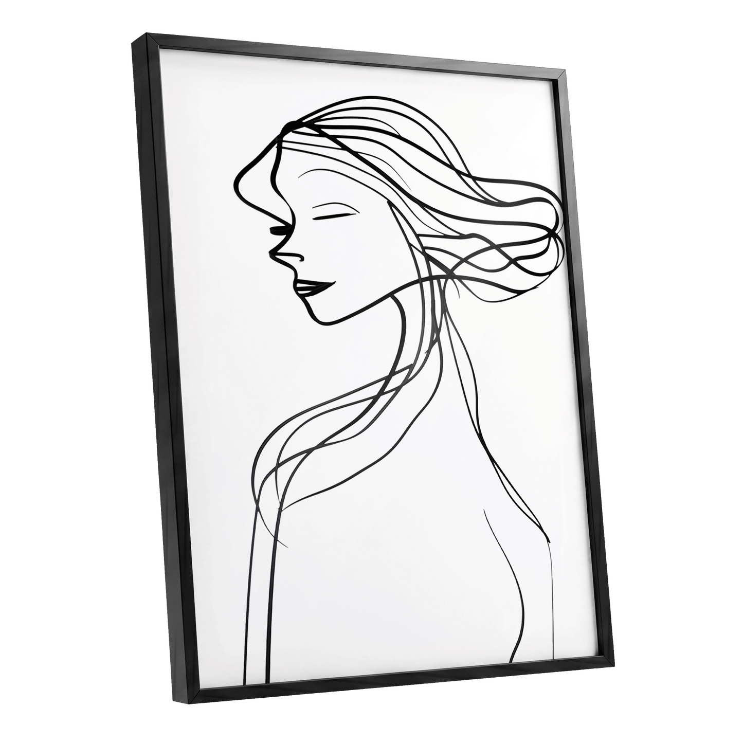 Windswept Profile, black, white minimalist wall art shown as a black framed poster wall art print