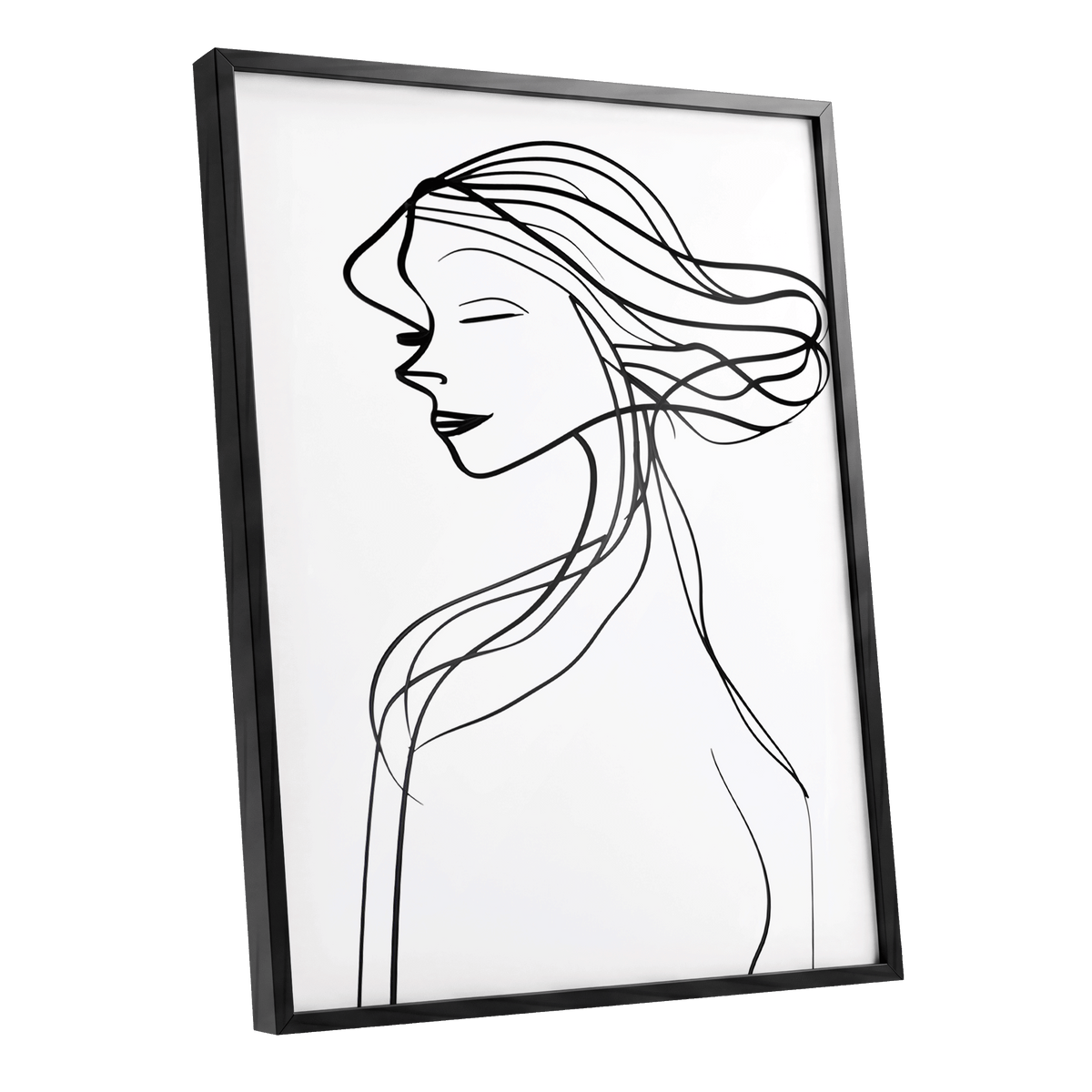 Windswept Profile, black, white minimalist wall art shown as a black framed poster wall art print