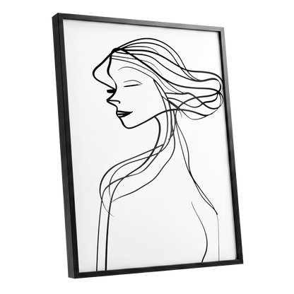 Windswept Profile, black, white minimalist wall art shown as a black framed poster wall art print