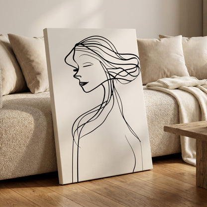 Windswept Profile, black, white minimalist wall art on canvas displayed in a styled interior, gallery view 1