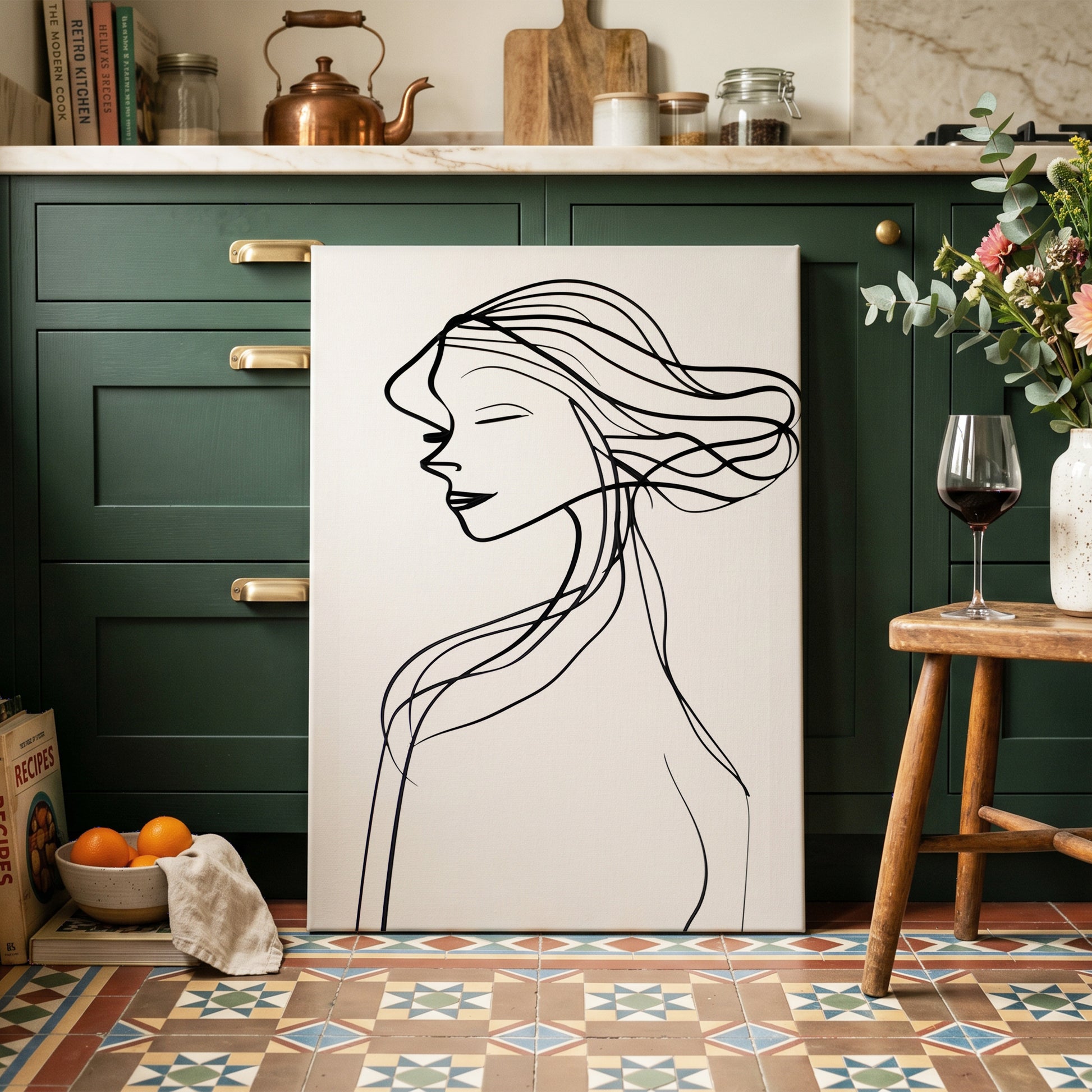 Windswept Profile, black, white minimalist wall art on canvas displayed in a styled interior, gallery view 2