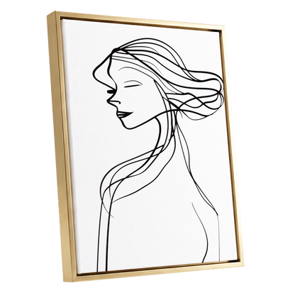 Windswept Profile, black, white minimalist wall art shown as a gold framed canvas wall art