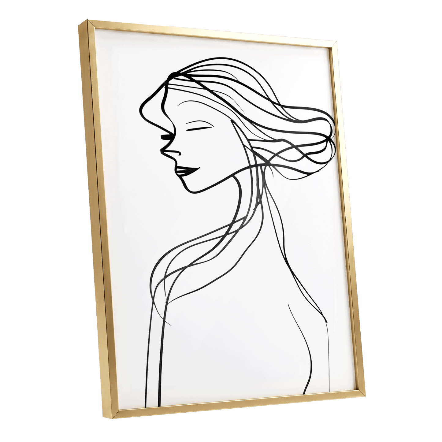 Windswept Profile, black, white minimalist wall art shown as a gold framed poster wall art print