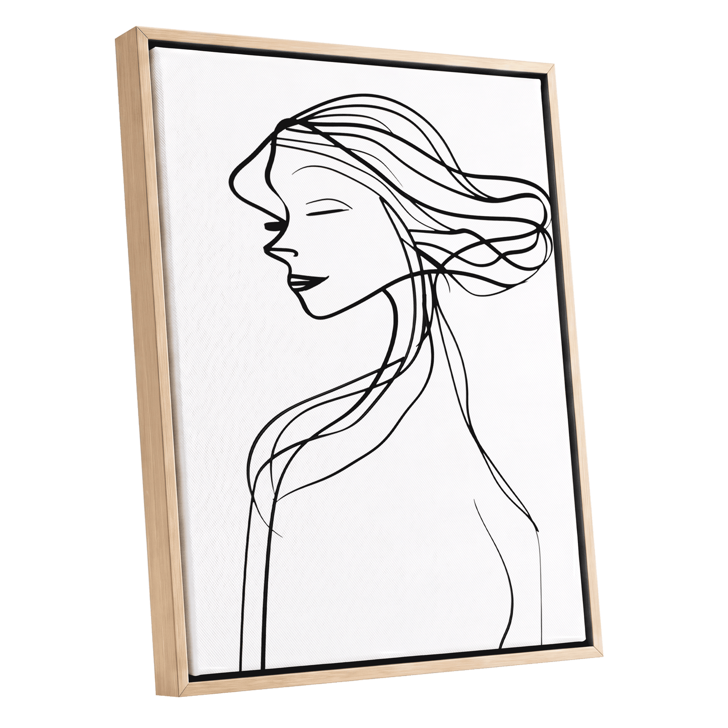 Windswept Profile, black, white minimalist wall art shown as a oak framed canvas wall art