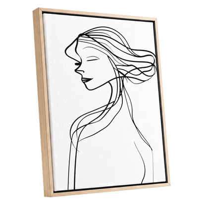 Windswept Profile, black, white minimalist wall art shown as a oak framed canvas wall art