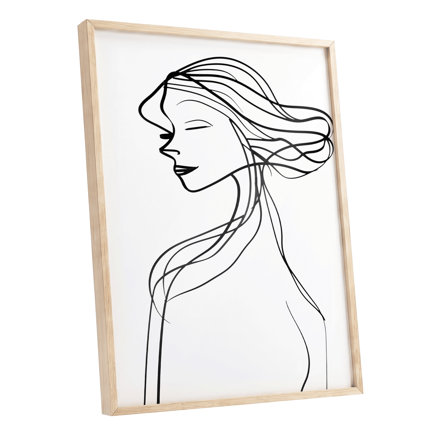 Windswept Profile, black, white minimalist wall art shown as a oak framed poster wall art print
