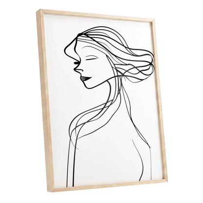 Windswept Profile, black, white minimalist wall art shown as a oak framed poster wall art print