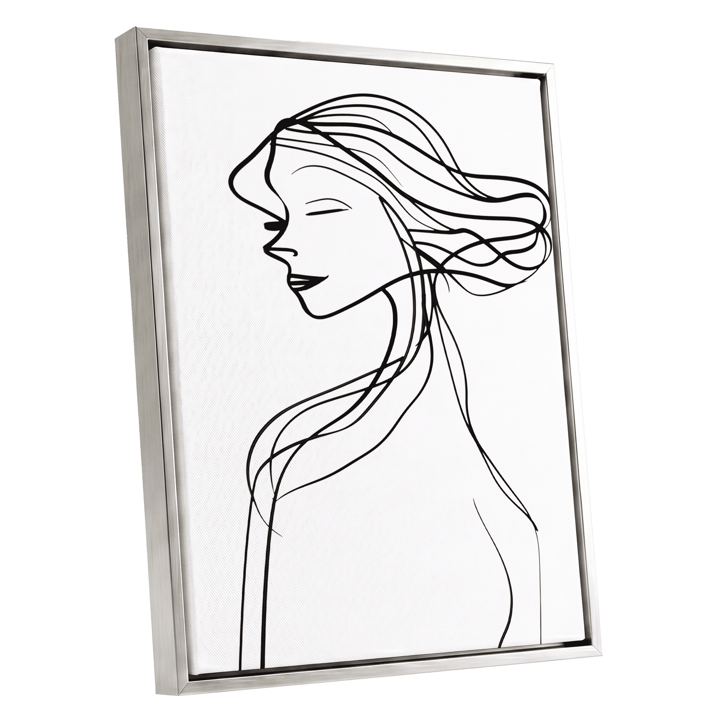 Windswept Profile, black, white minimalist wall art shown as a silver framed canvas wall art