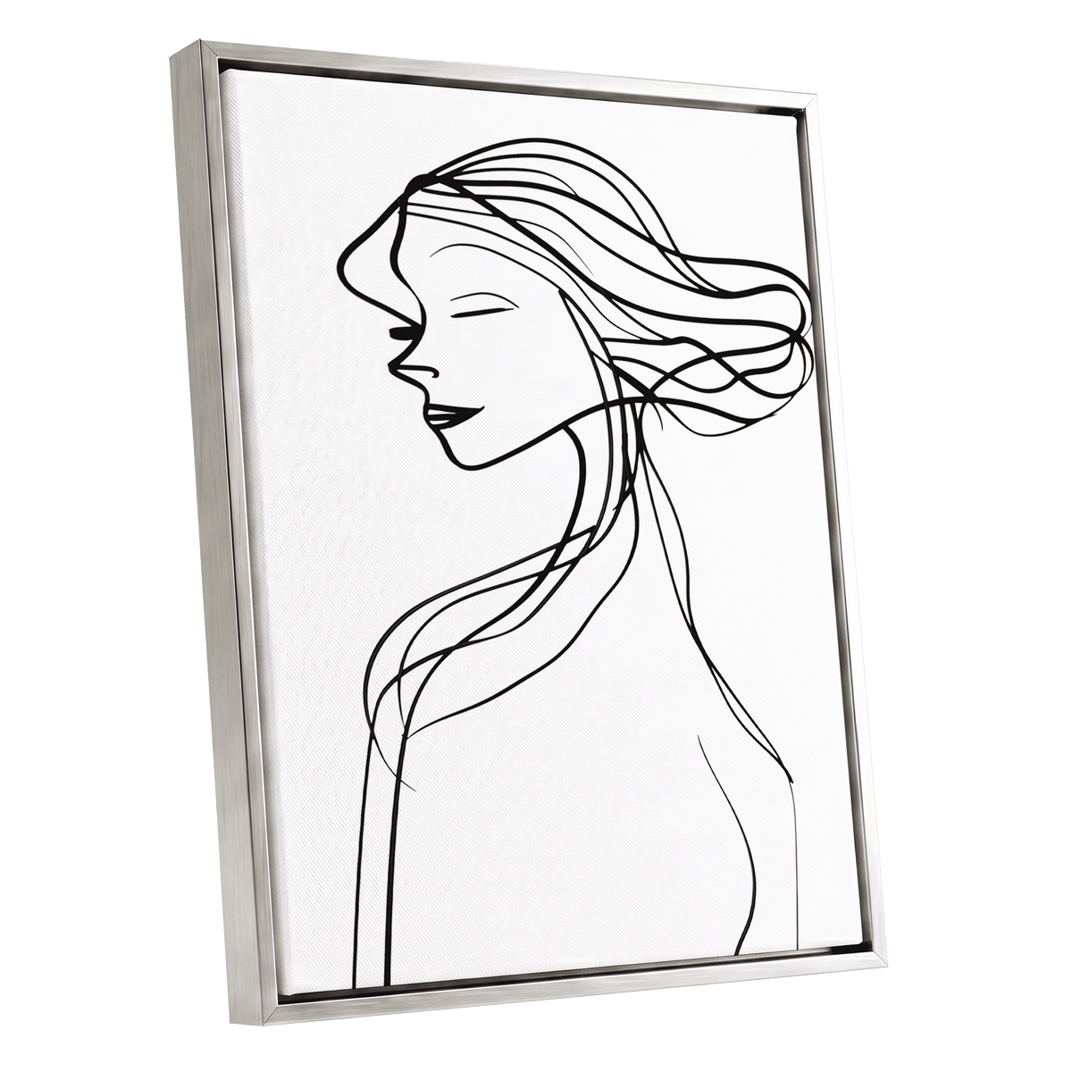 Windswept Profile, black, white minimalist wall art shown as a silver framed canvas wall art