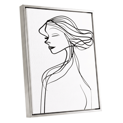 Windswept Profile, black, white minimalist wall art shown as a silver framed canvas wall art