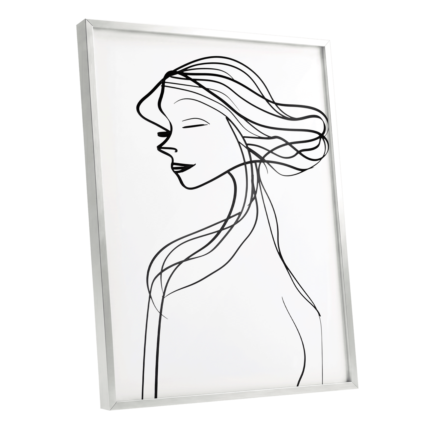 Windswept Profile, black, white minimalist wall art shown as a silver framed poster wall art print