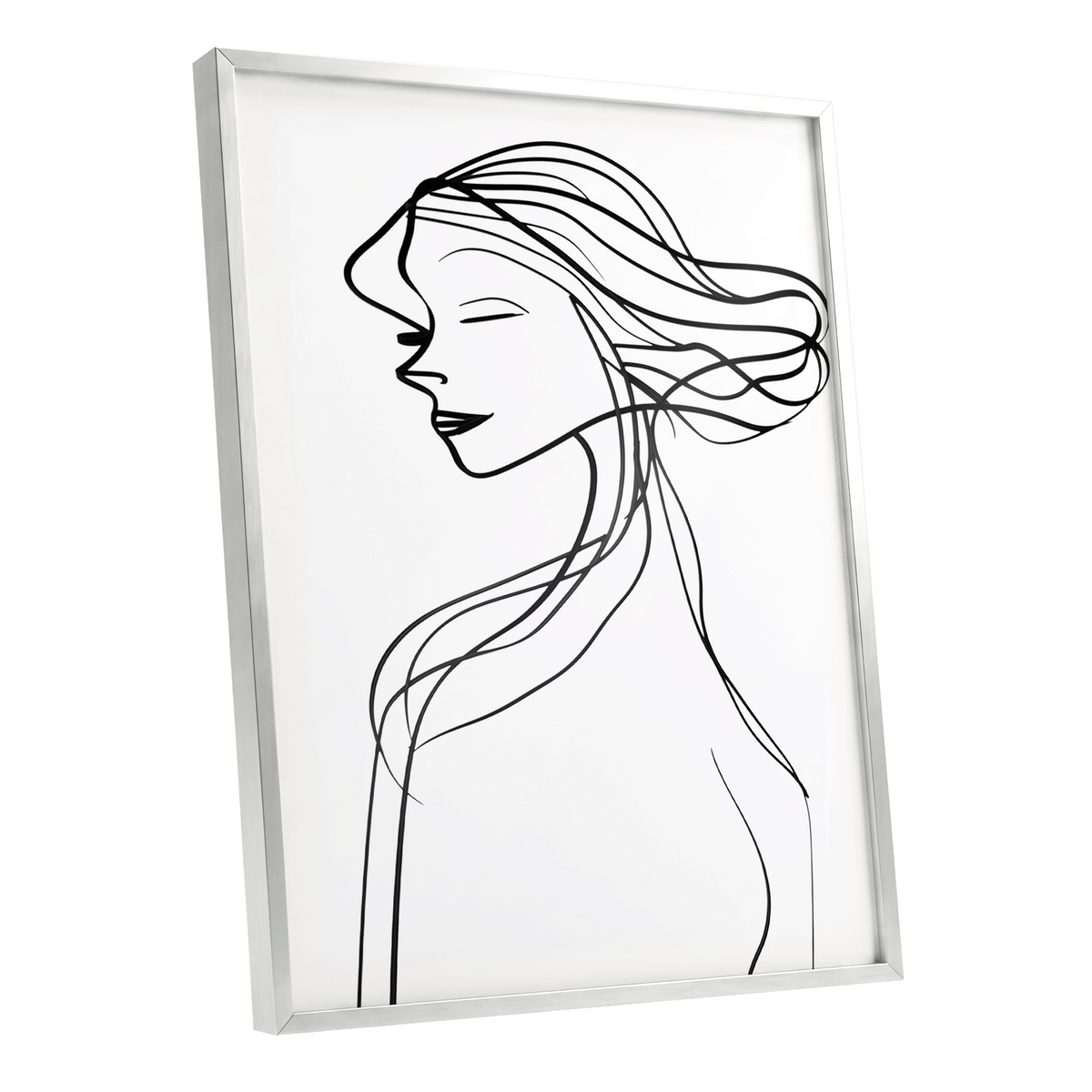 Windswept Profile, black, white minimalist wall art shown as a silver framed poster wall art print