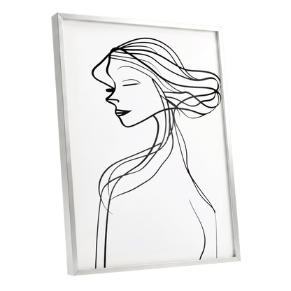 Windswept Profile, black, white minimalist wall art shown as a silver framed poster wall art print