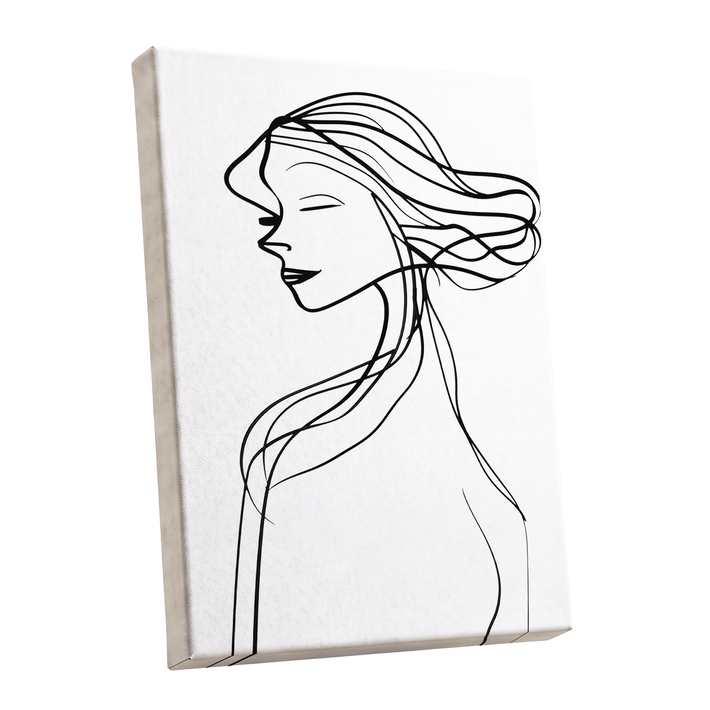 Windswept Profile, black, white minimalist wall art shown as a stretched canvas wall art