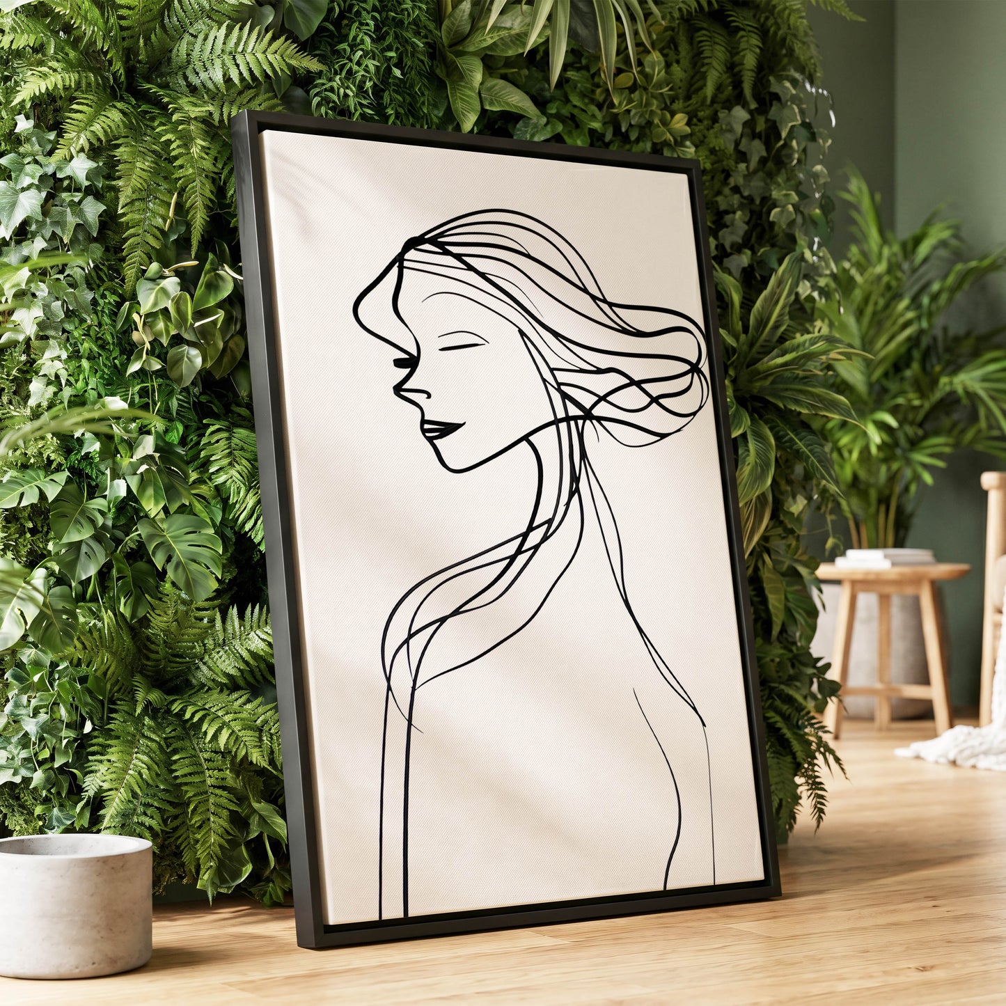 Windswept Profile, black, white minimalist wall art displayed in a styled interior, gallery view 1