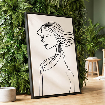 Windswept Profile, black, white minimalist wall art displayed in a styled interior, gallery view 1