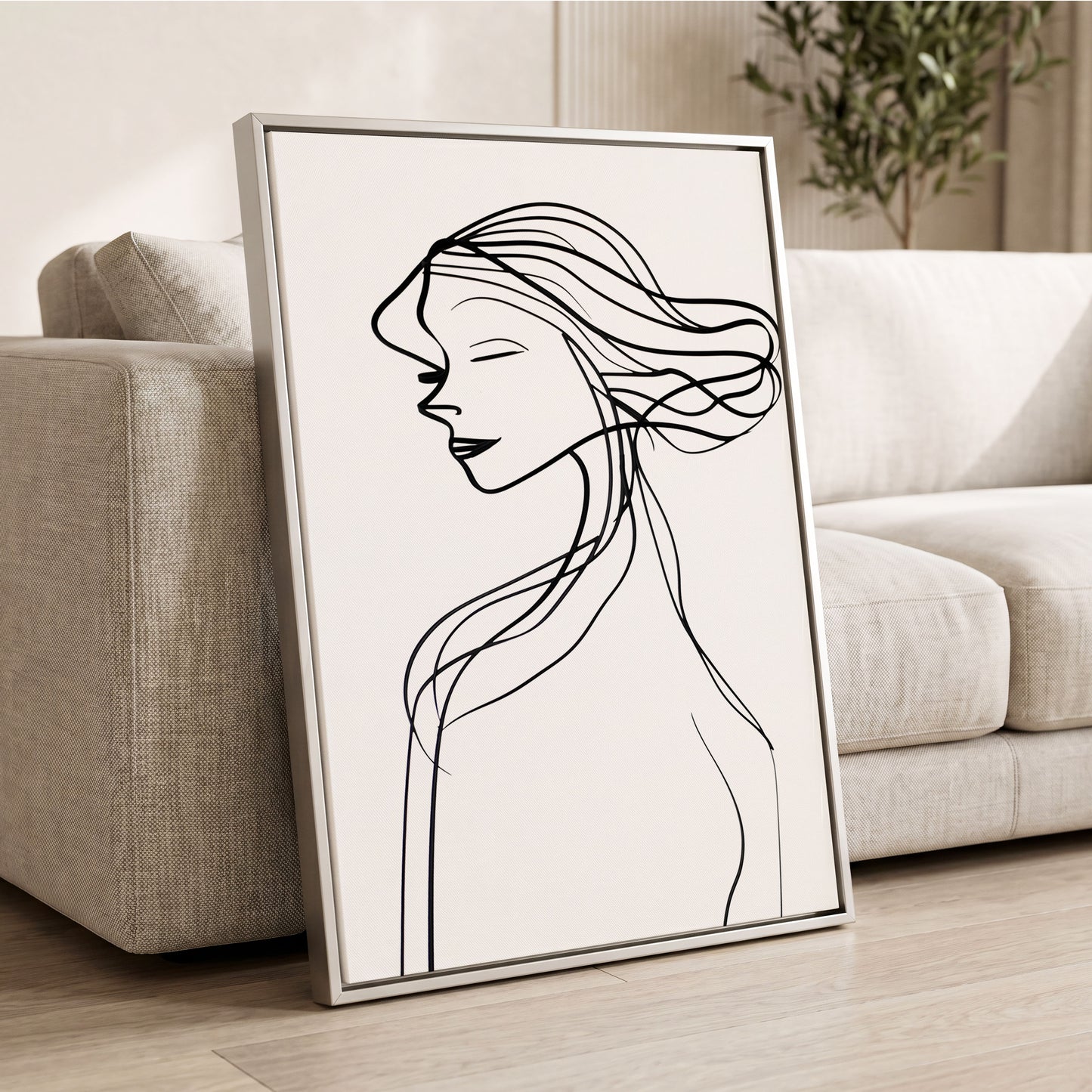 Windswept Profile, black, white minimalist wall art displayed in a styled interior, gallery view 2