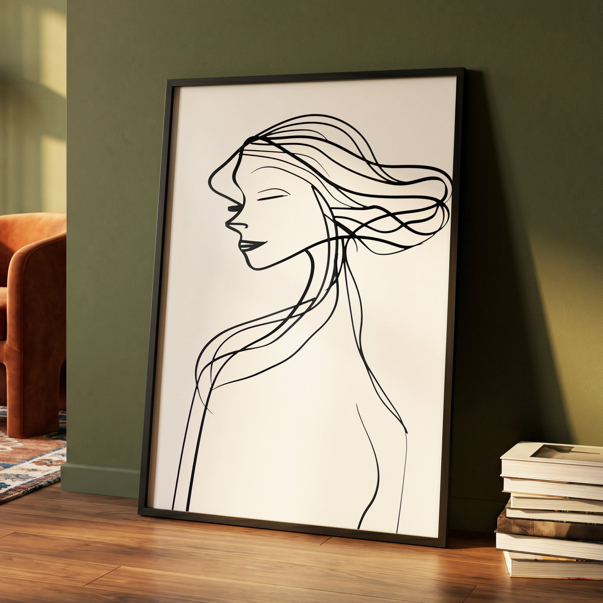 Windswept Profile, black, white minimalist wall art displayed in a styled interior, gallery view 4