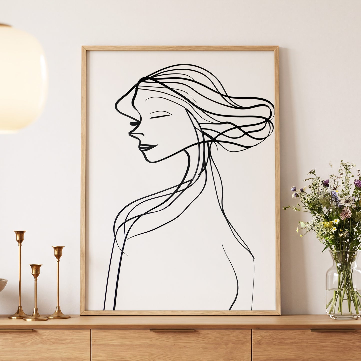 Windswept Profile, black, white minimalist wall art displayed in a styled interior, gallery view 5