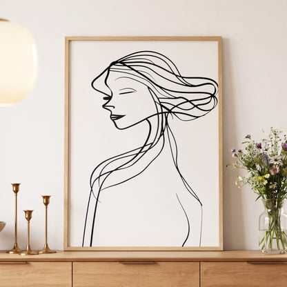 Windswept Profile, black, white minimalist wall art displayed in a styled interior, gallery view 5
