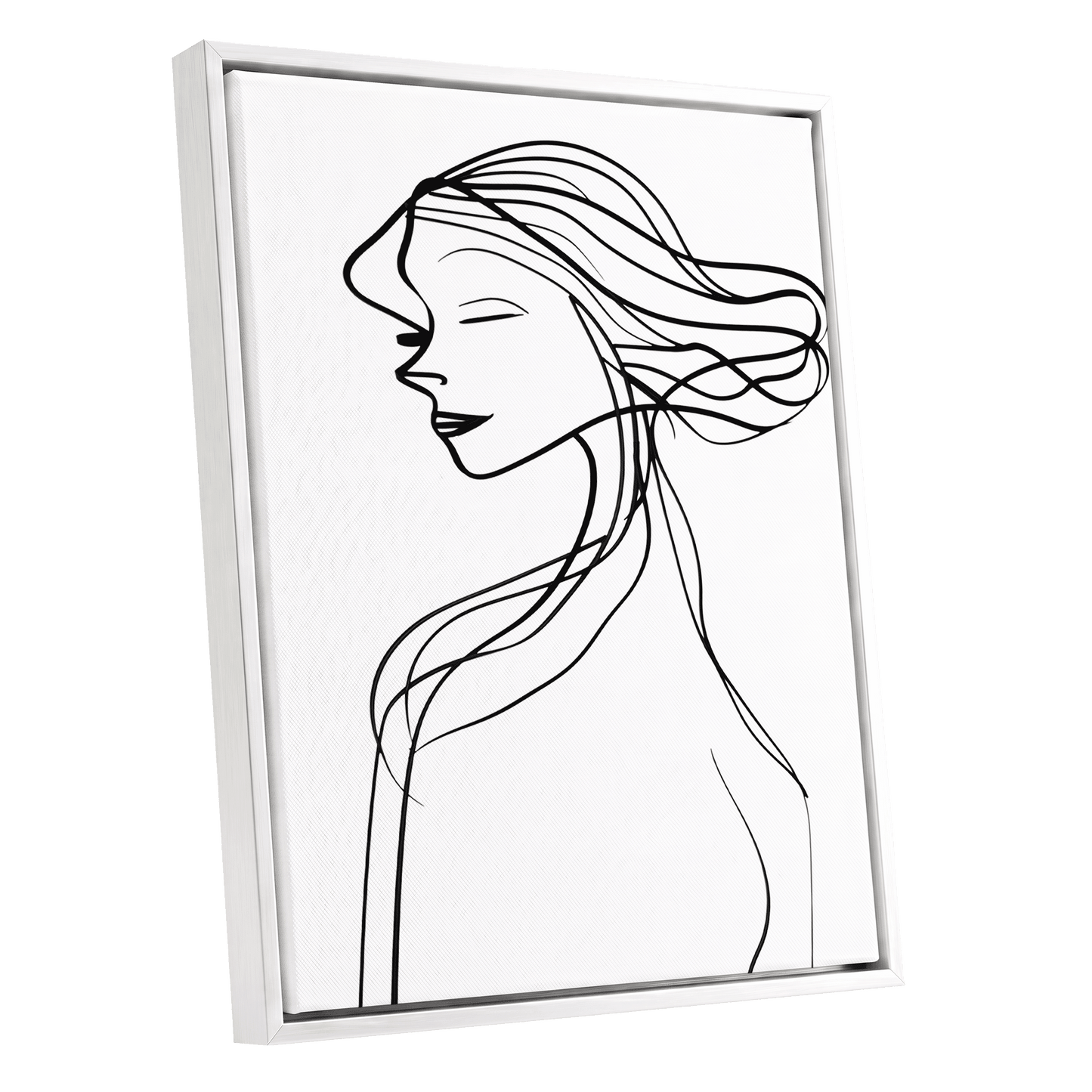 Windswept Profile, black, white minimalist wall art shown as a white framed canvas wall art