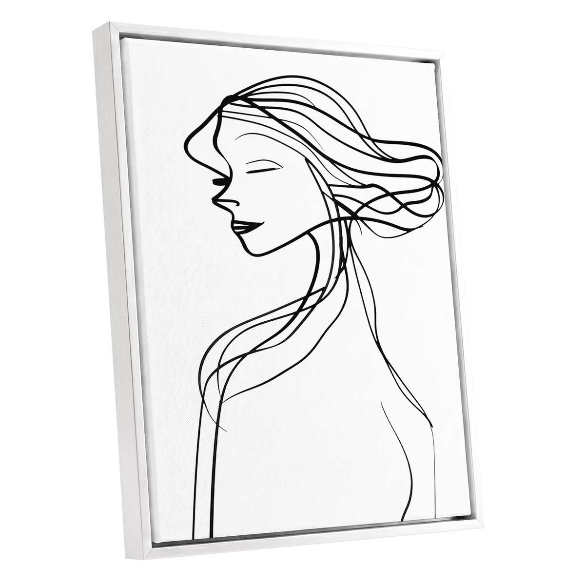 Windswept Profile, black, white minimalist wall art shown as a white framed canvas wall art