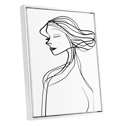 Windswept Profile, black, white minimalist wall art shown as a white framed canvas wall art