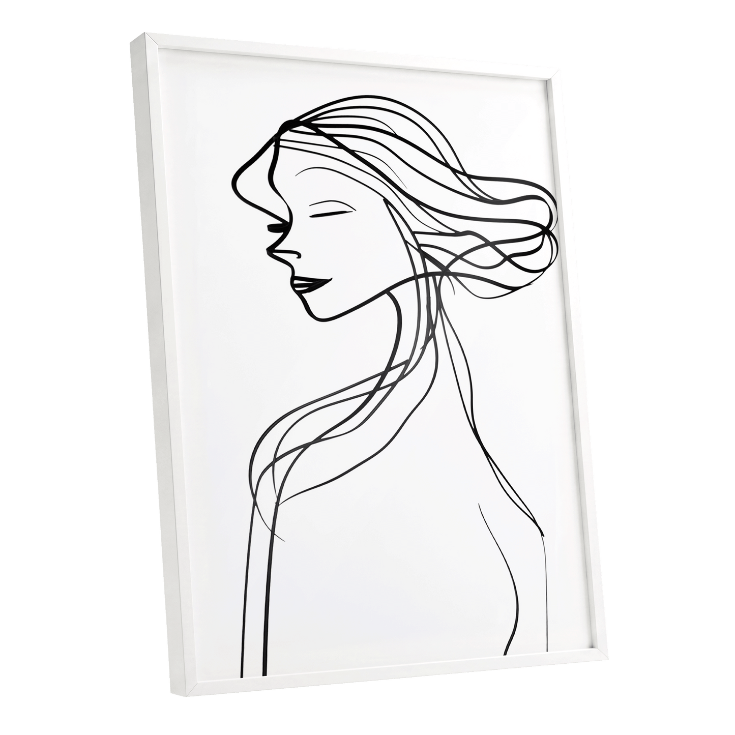 Windswept Profile, black, white minimalist wall art shown as a white framed poster wall art print