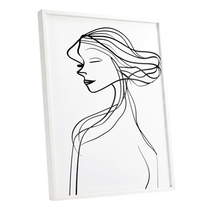 Windswept Profile, black, white minimalist wall art shown as a white framed poster wall art print