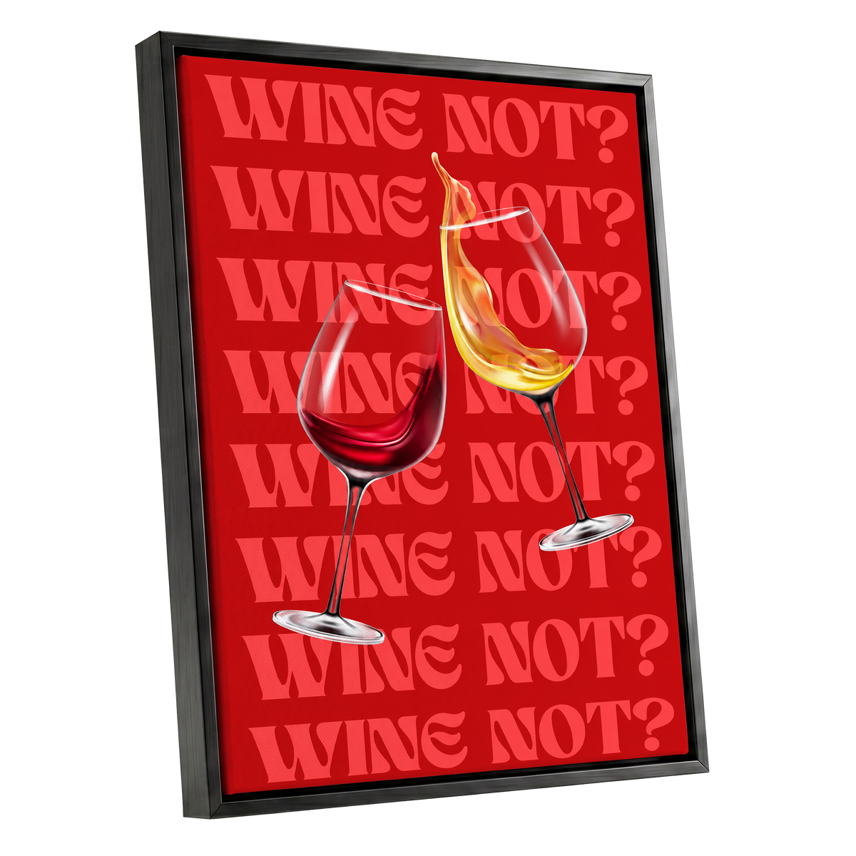 Wine Not?, red, pink, gold minimalist wall art shown as a black framed canvas wall art
